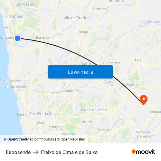 Esposende to Freixo de Cima e de Baixo map