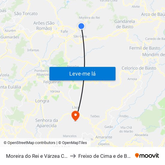 Moreira do Rei e Várzea Cova to Freixo de Cima e de Baixo map