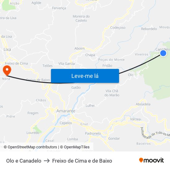 Olo e Canadelo to Freixo de Cima e de Baixo map