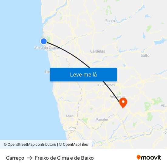 Carreço to Freixo de Cima e de Baixo map