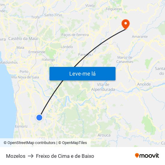 Mozelos to Freixo de Cima e de Baixo map