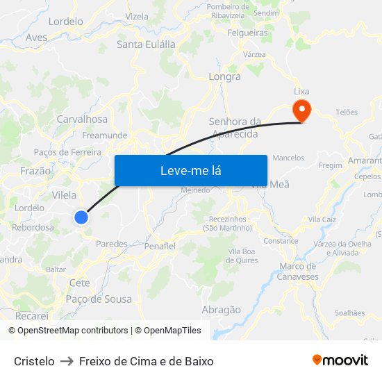 Cristelo to Freixo de Cima e de Baixo map