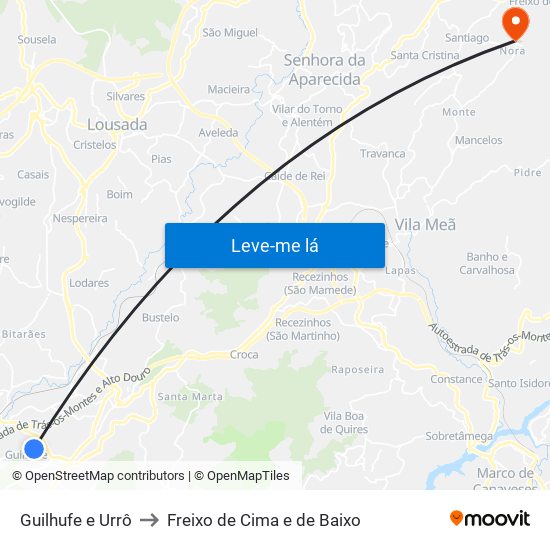 Guilhufe e Urrô to Freixo de Cima e de Baixo map