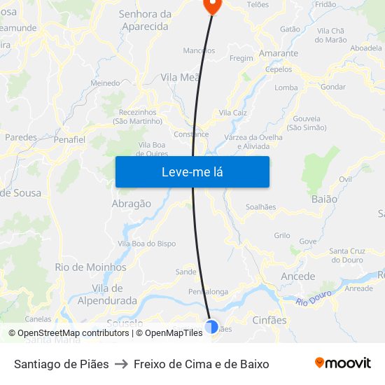 Santiago de Piães to Freixo de Cima e de Baixo map