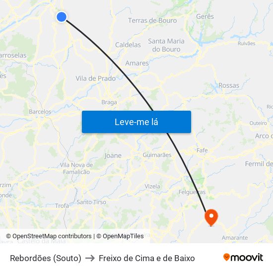 Rebordões (Souto) to Freixo de Cima e de Baixo map