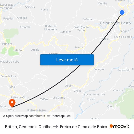 Britelo, Gémeos e Ourilhe to Freixo de Cima e de Baixo map