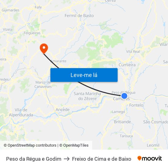 Peso da Régua e Godim to Freixo de Cima e de Baixo map