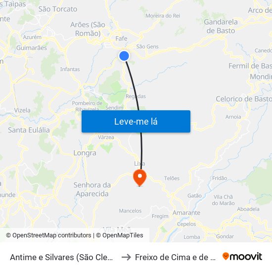 Antime e Silvares (São Clemente) to Freixo de Cima e de Baixo map