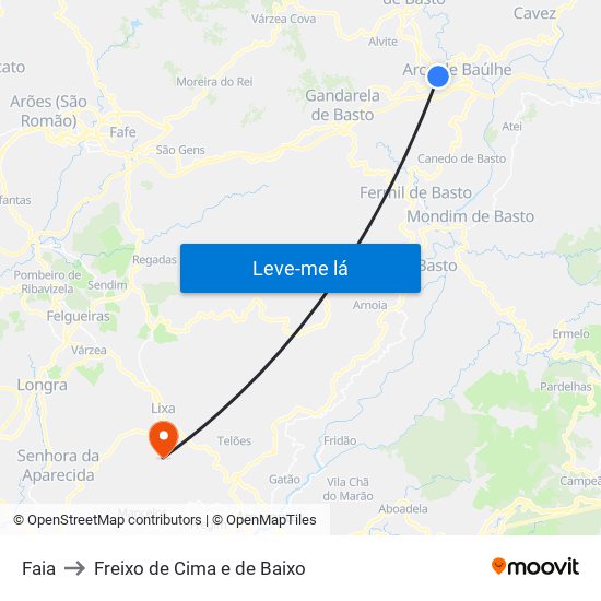 Faia to Freixo de Cima e de Baixo map