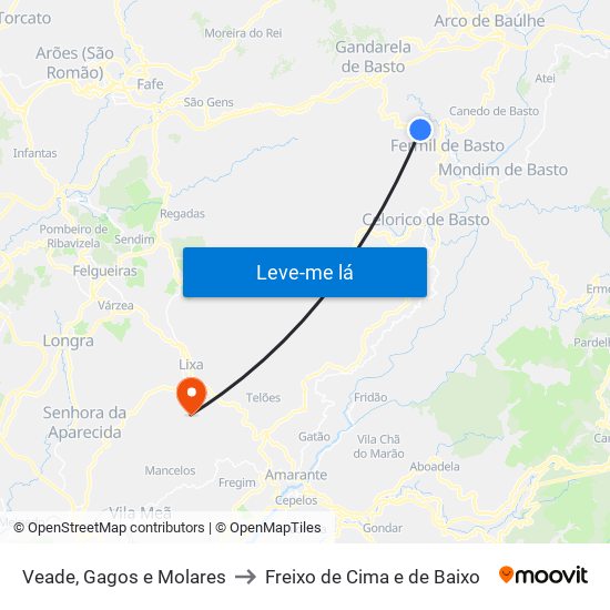 Veade, Gagos e Molares to Freixo de Cima e de Baixo map