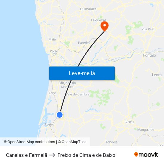 Canelas e Fermelã to Freixo de Cima e de Baixo map