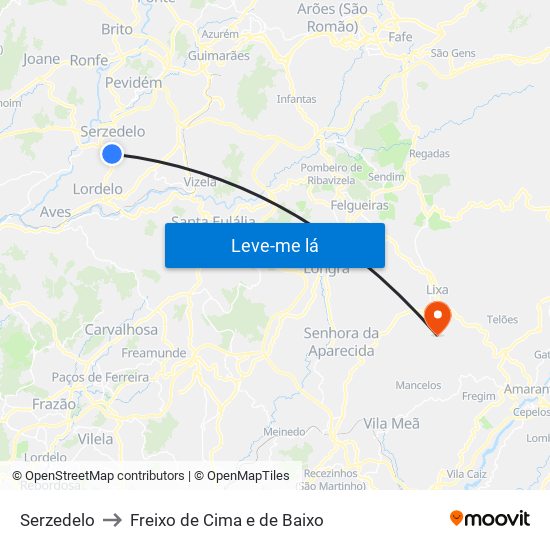 Serzedelo to Freixo de Cima e de Baixo map