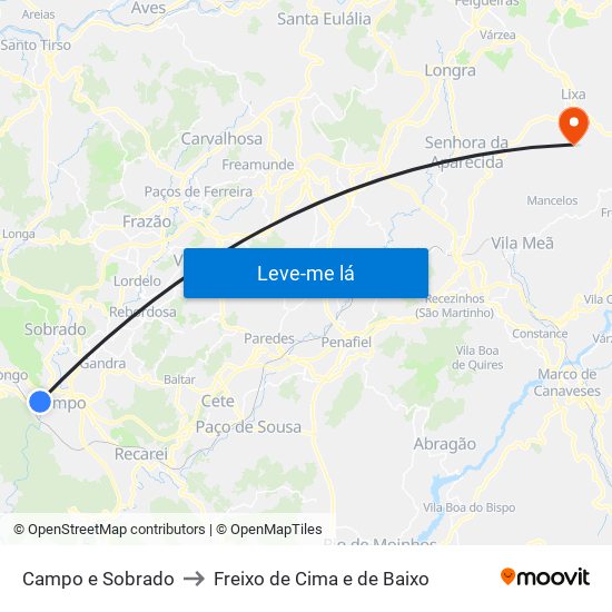 Campo e Sobrado to Freixo de Cima e de Baixo map