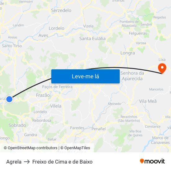 Agrela to Freixo de Cima e de Baixo map