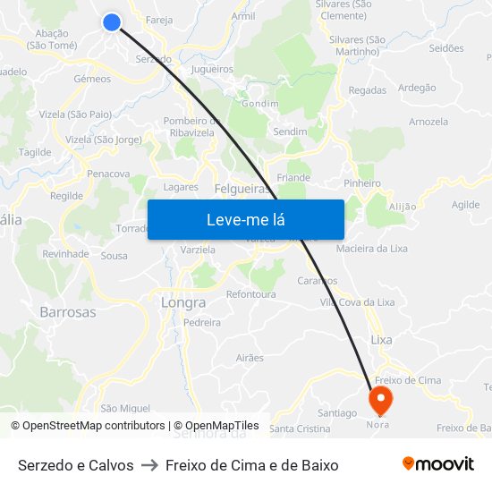 Serzedo e Calvos to Freixo de Cima e de Baixo map