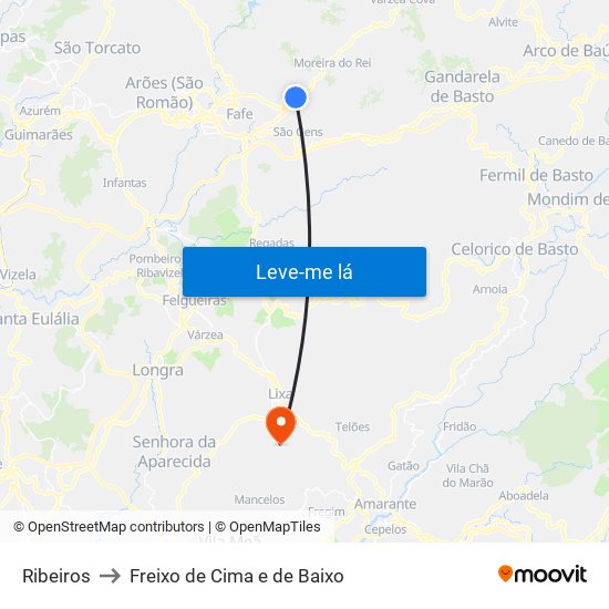 Ribeiros to Freixo de Cima e de Baixo map