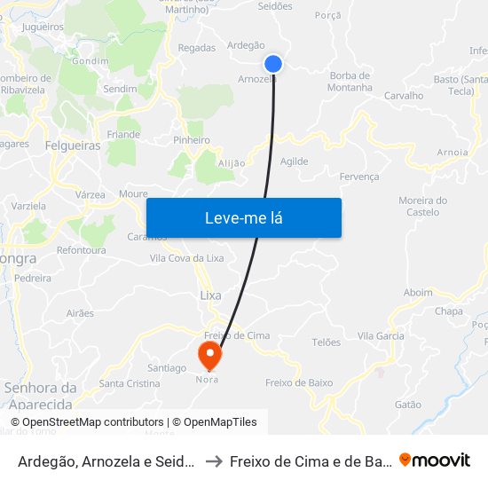 Ardegão, Arnozela e Seidões to Freixo de Cima e de Baixo map