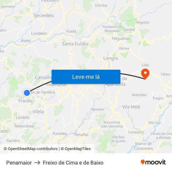 Penamaior to Freixo de Cima e de Baixo map