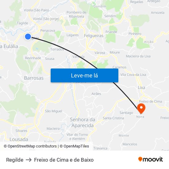 Regilde to Freixo de Cima e de Baixo map