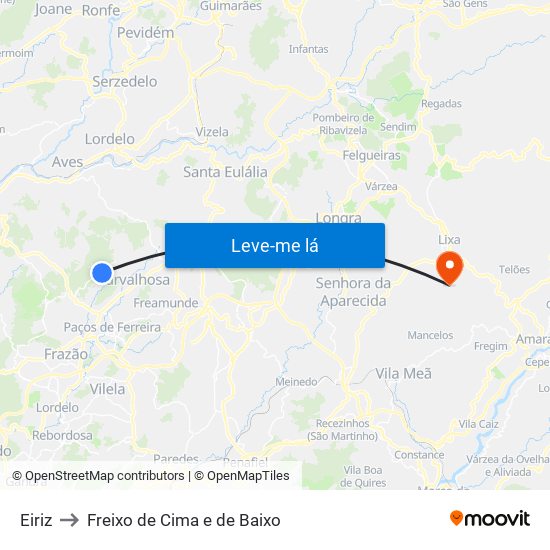 Eiriz to Freixo de Cima e de Baixo map