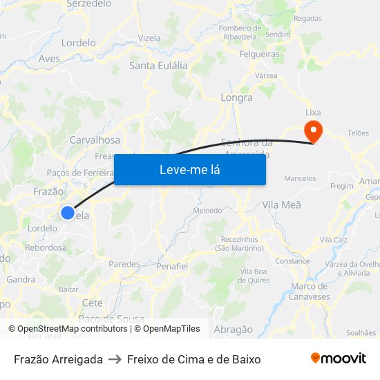 Frazão Arreigada to Freixo de Cima e de Baixo map