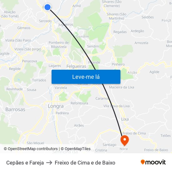 Cepães e Fareja to Freixo de Cima e de Baixo map