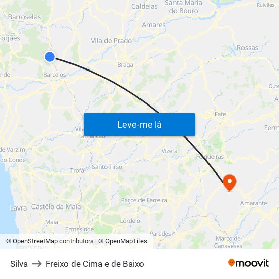 Silva to Freixo de Cima e de Baixo map