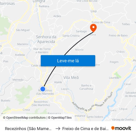 Recezinhos (São Mamede) to Freixo de Cima e de Baixo map