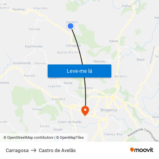 Carragosa to Castro de Avelãs map