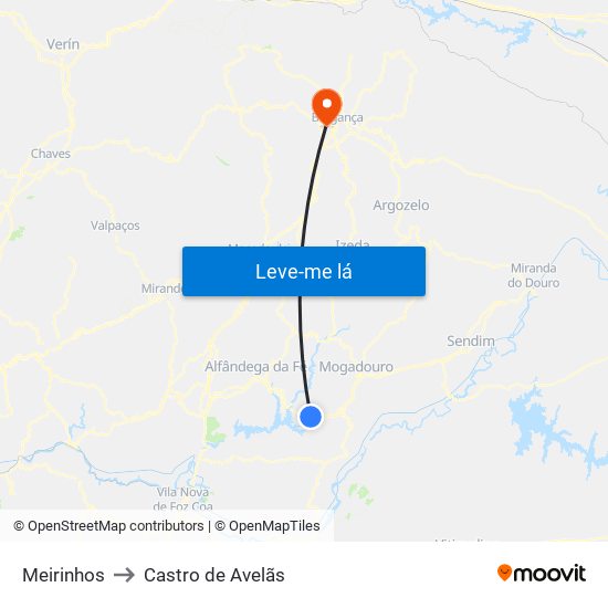 Meirinhos to Castro de Avelãs map