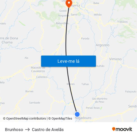 Brunhoso to Castro de Avelãs map