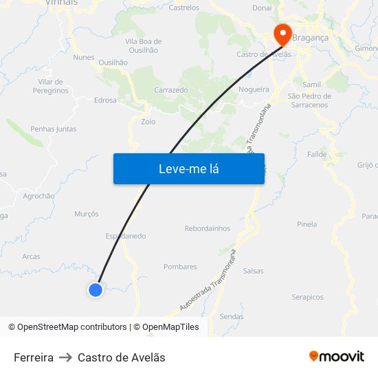Ferreira to Castro de Avelãs map