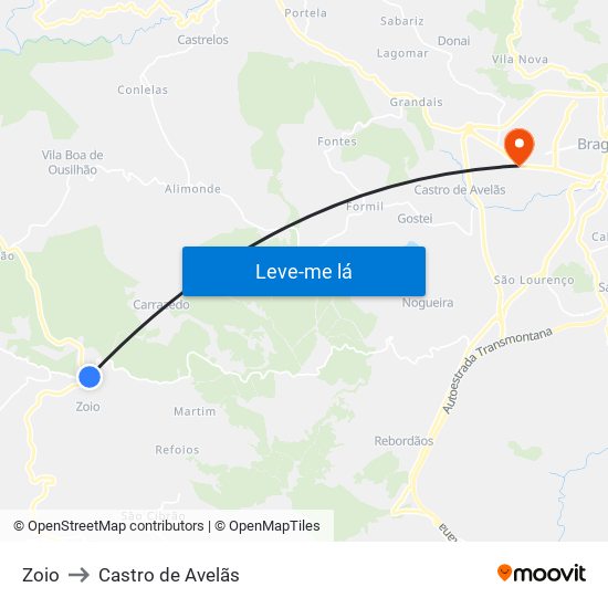 Zoio to Castro de Avelãs map
