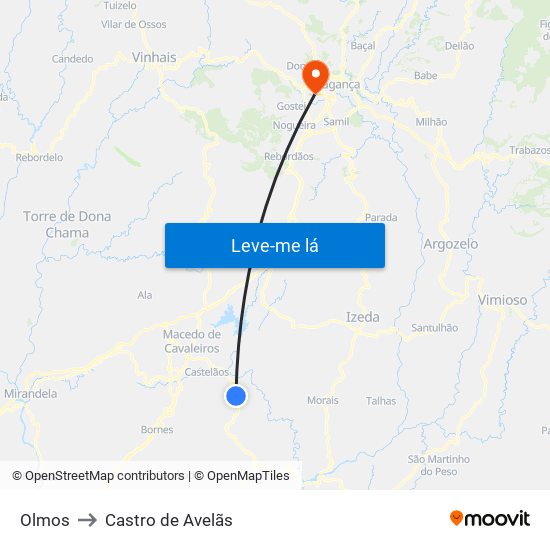 Olmos to Castro de Avelãs map