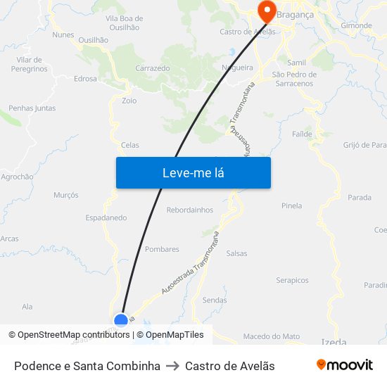 Podence e Santa Combinha to Castro de Avelãs map