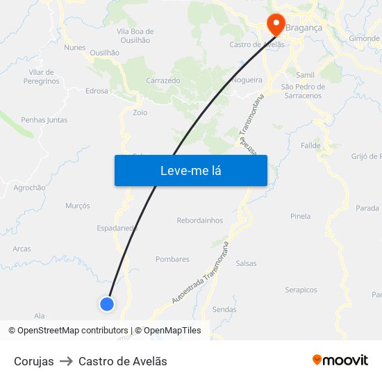 Corujas to Castro de Avelãs map