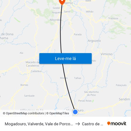 Mogadouro, Valverde, Vale de Porco e Vilar de Rei to Castro de Avelãs map