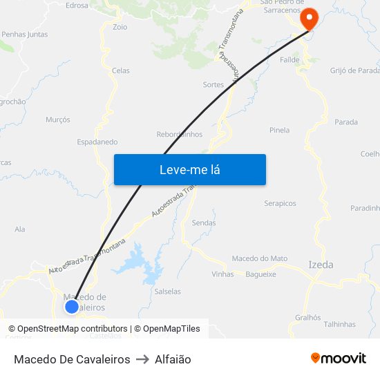 Macedo De Cavaleiros to Alfaião map