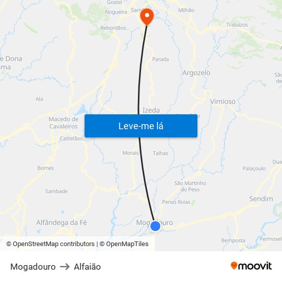 Mogadouro to Alfaião map