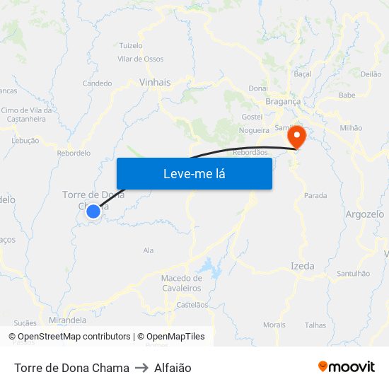 Torre de Dona Chama to Alfaião map