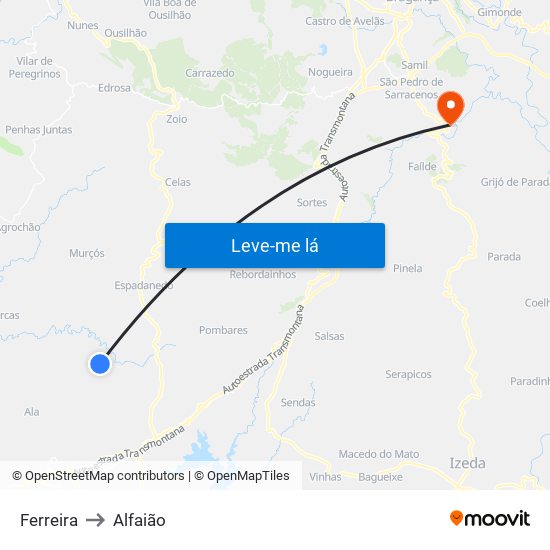 Ferreira to Alfaião map