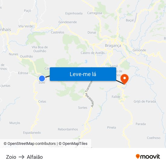 Zoio to Alfaião map