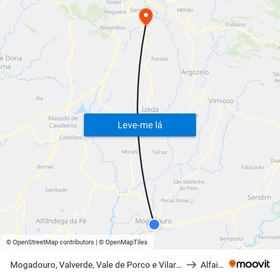 Mogadouro, Valverde, Vale de Porco e Vilar de Rei to Alfaião map