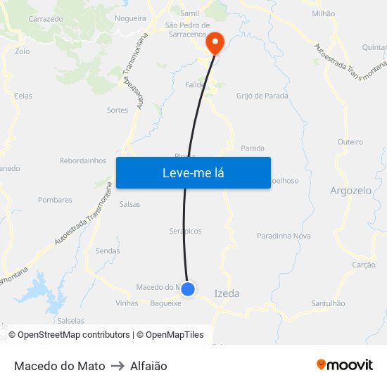 Macedo do Mato to Alfaião map