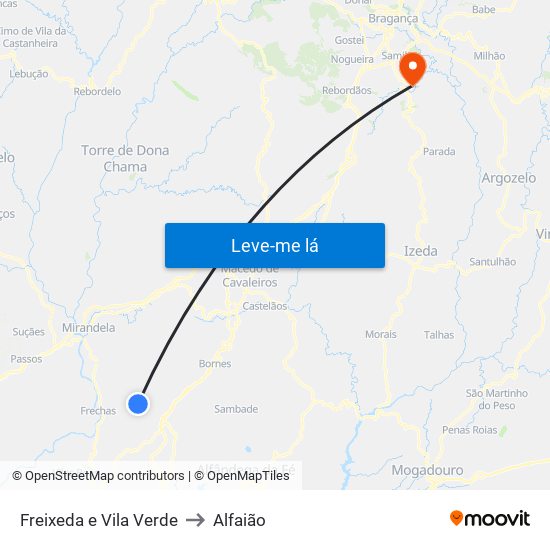 Freixeda e Vila Verde to Alfaião map