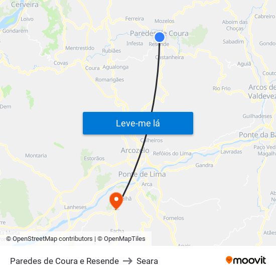 Paredes de Coura e Resende to Seara map