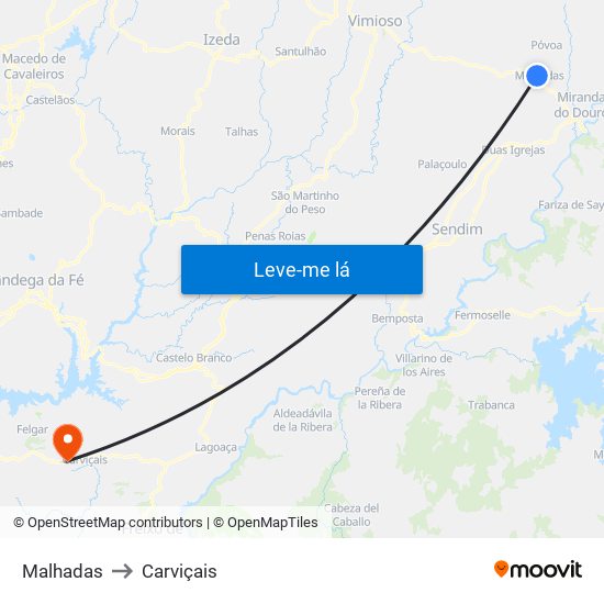 Malhadas to Carviçais map