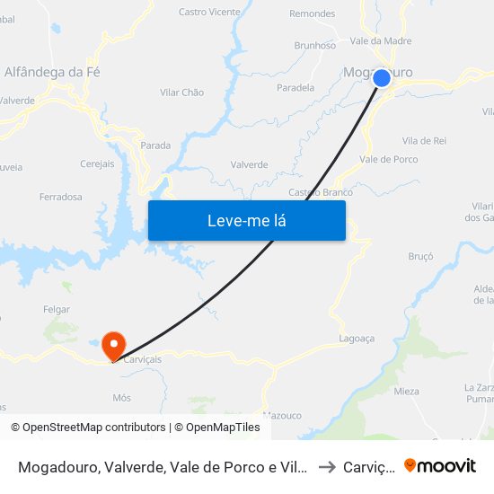 Mogadouro, Valverde, Vale de Porco e Vilar de Rei to Carviçais map