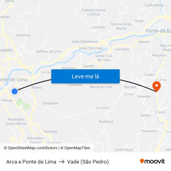 Arca e Ponte de Lima to Vade (São Pedro) map