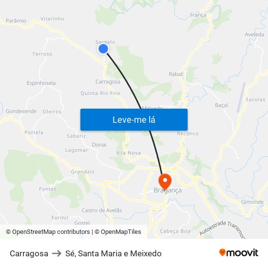 Carragosa to Sé, Santa Maria e Meixedo map